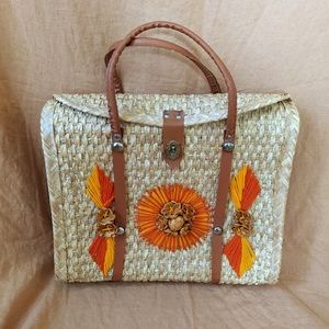 Vintage 70s Woven Floral Acapulco Hand Bag Wicker Rattan Straw Satchel Boho